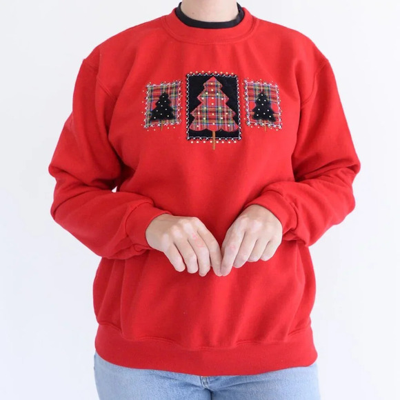 Vintage 90's Top Stitch By Morning Sun Red Christmas Tree Crewneck Sweater Med - Picture 2 of 13